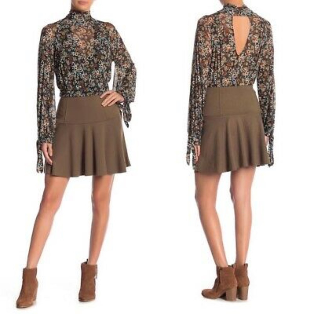 Free People Highland Knit A-Line Army Green Stretch Boho Mini Skirt Small 4 6